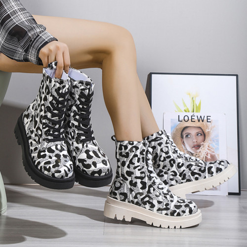 Women Fashion Leopard Print Lace-up Round Toe Ankle Boots