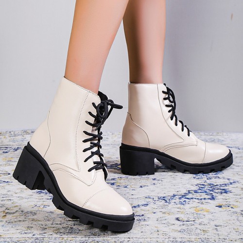 Women Fashion Lace-up Square Heel Ankle Boots