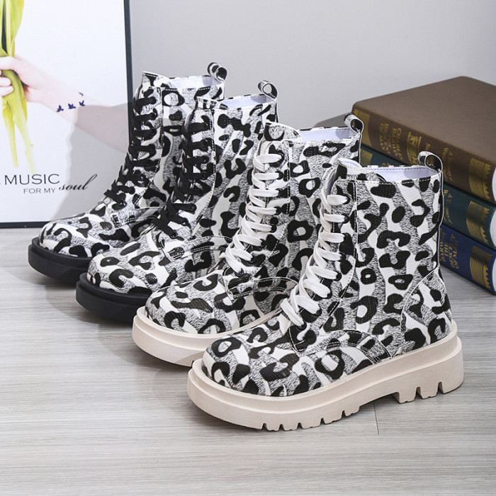 Women Fashion Leopard Print Lace-up Round Toe Ankle Boots