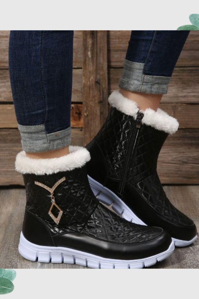Women Rhinestone Decor Plush Warm Thick Bottom Snow Boots