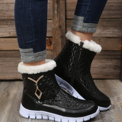 Women Rhinestone Decor Plush Warm Thick Bottom Snow Boots