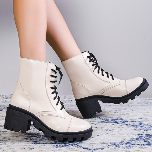 Women Fashion Lace-up Square Heel Ankle Boots