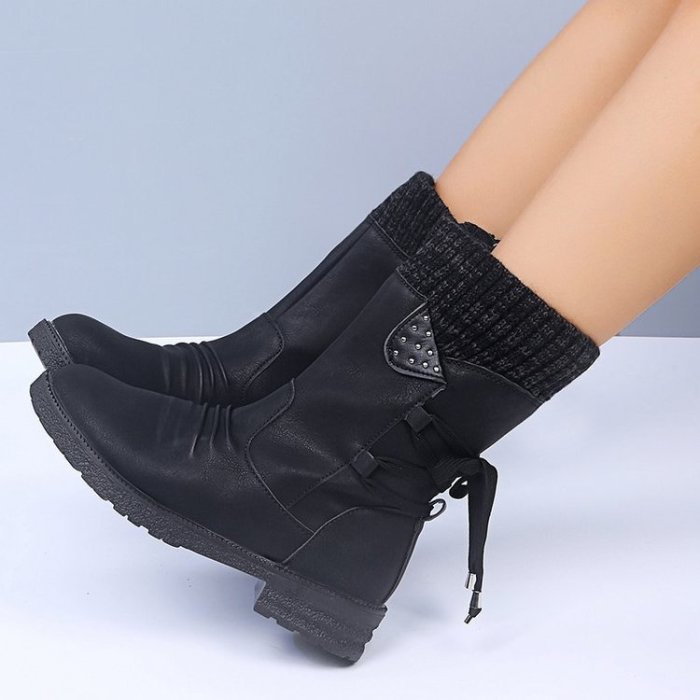 Women Retro Suede Zipper Low-heeled Mid-Calf Boots