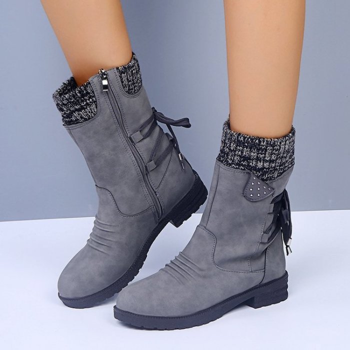 Women Retro Suede Zipper Low-heeled Mid-Calf Boots