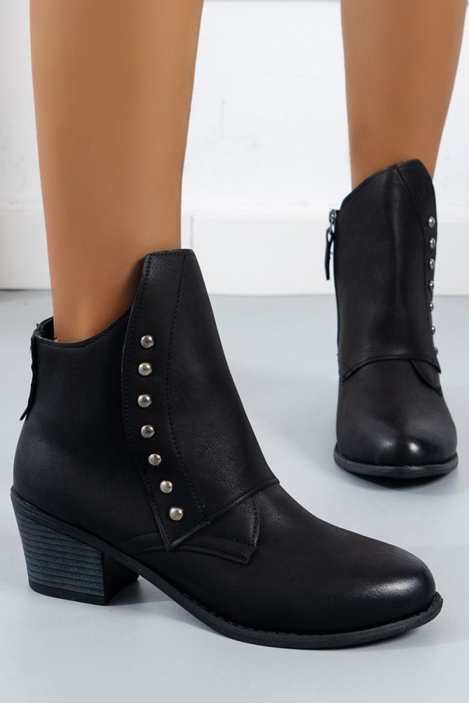 Women Side Zip Round Toe Chunky Heel Studded Ankle Boots
