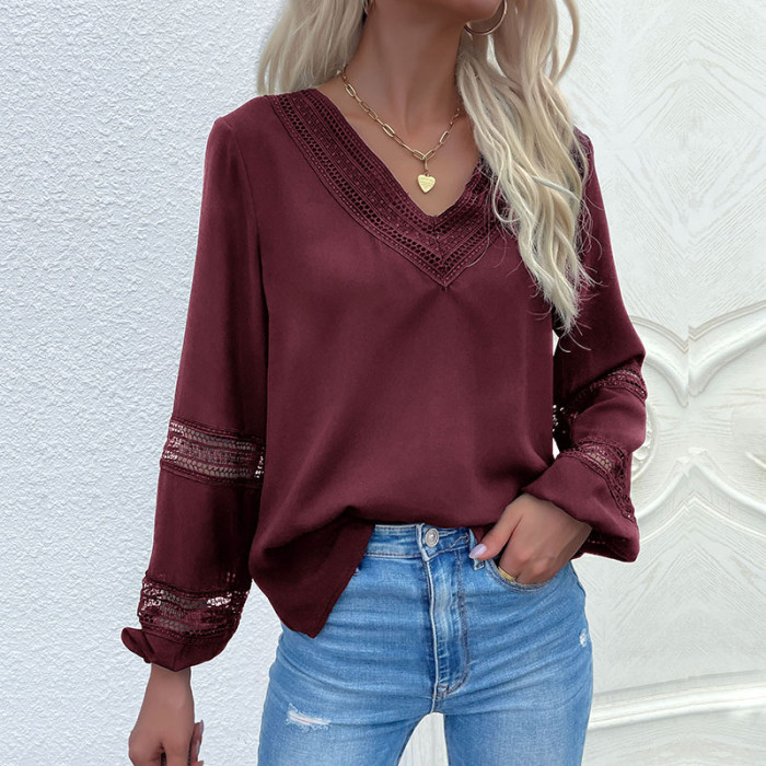 Women Simplicity V-Neck Lace Patchwork Hollow Out Shirts