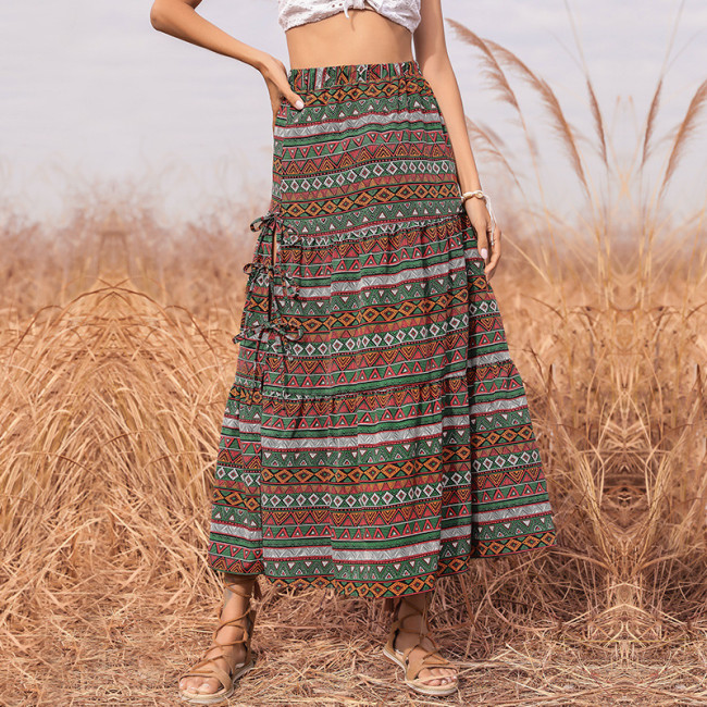 Women's Ethnic Printed Lace Up Split Skirts