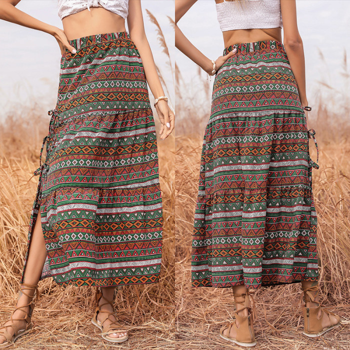 Women's Ethnic Printed Lace Up Split Skirts