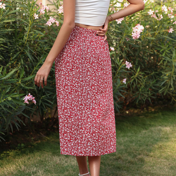 Red Chic Floral Asymmetrical Ruffles Skirts