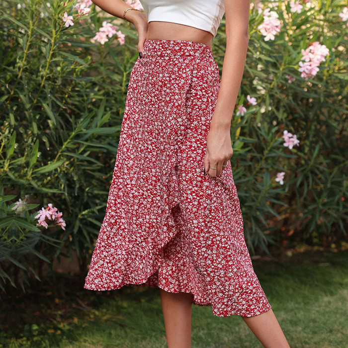 Red Chic Floral Asymmetrical Ruffles Skirts