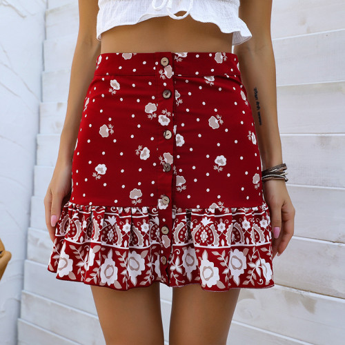 Women Print Button Decorate A-line Sexy Mini Skirt