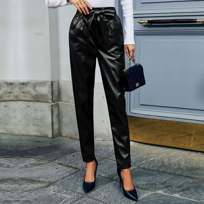Women's Fashion Black Leather Commuter Pants