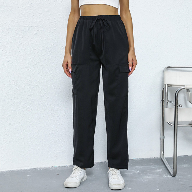 Women Solid Color Elastic Waist Casual Pants
