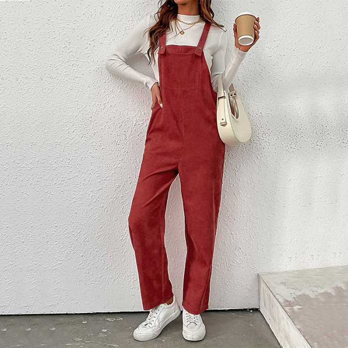 Women Vintage Solid Color Loose Corduroy Jumpsuit