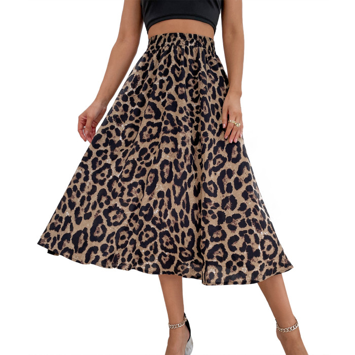Leopard Print High Waist Casual A Line Long Skirts