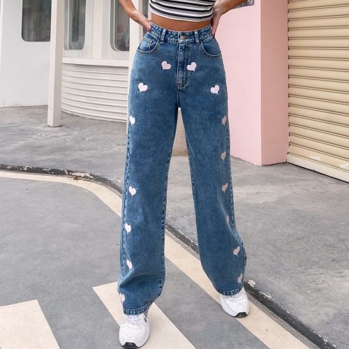 Chic Sweet Heart Pattern Printed High Waist Straight Jeans