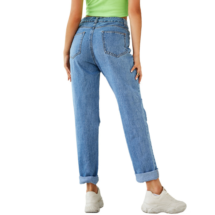 Women High Waist Holes Slim Casual Jeans