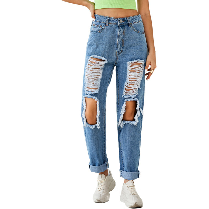 Women High Waist Holes Slim Casual Jeans