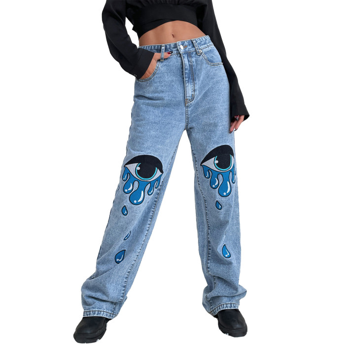 Women Vintage Printed High Waisted Jeans