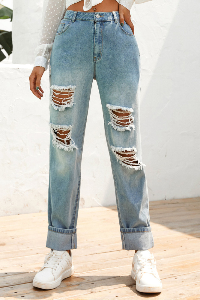 Women High Waist Hole Bleach Wash Ripped Straight Jeans