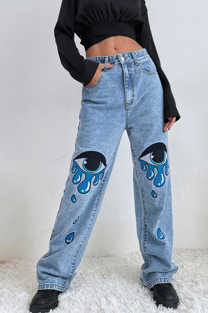 Women Vintage Printed High Waisted Jeans