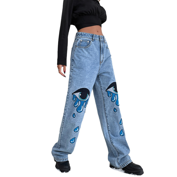 Women Vintage Printed High Waisted Jeans