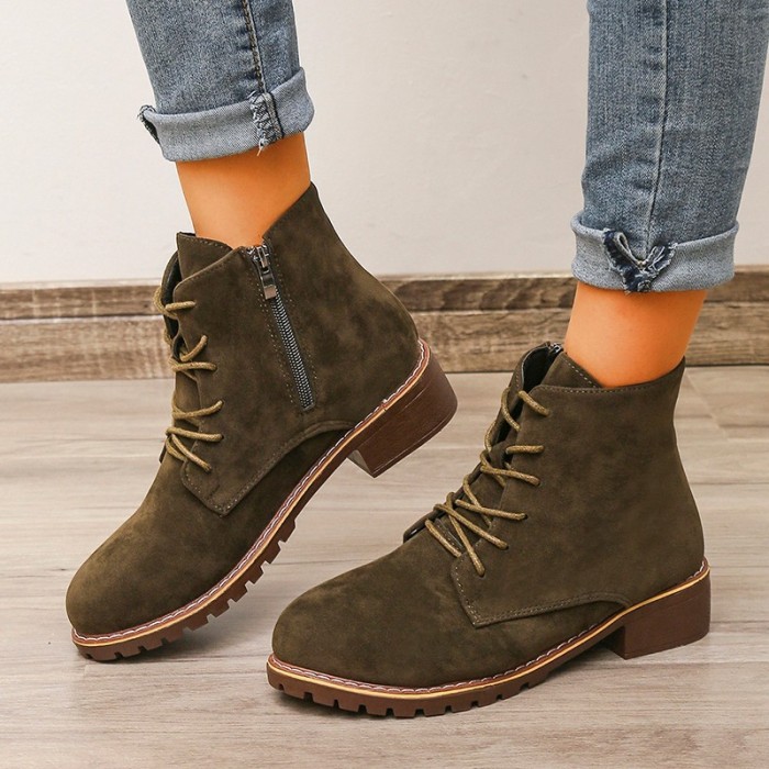 Vintage Suede Lace Up Low Heel Zipper Ankle Boots