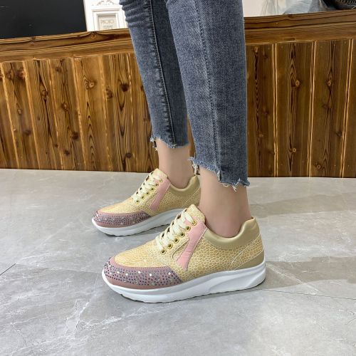 Women Casual Rhinestone Decor Lace-up Platform Sneakers