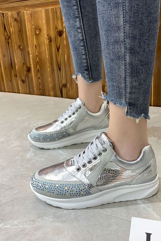 Women Casual Rhinestone Decor Lace-up Platform Sneakers