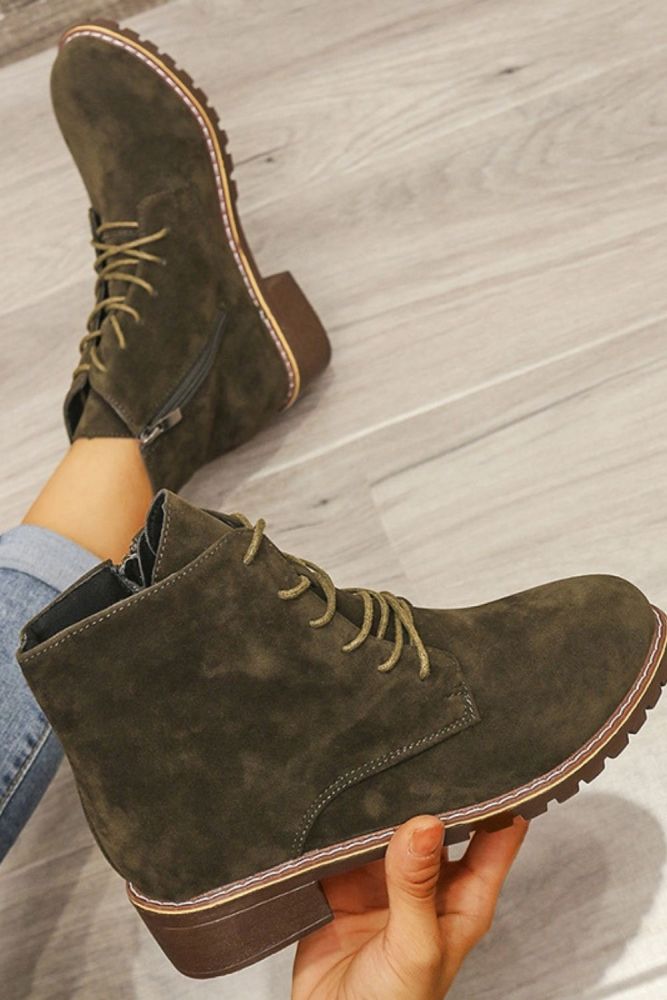 Vintage Suede Lace Up Low Heel Zipper Ankle Boots