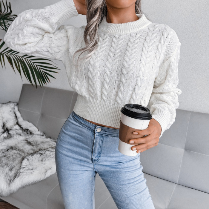 Women Fashion Knitted O Neck Twist Sweaters