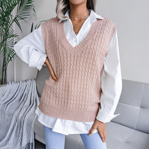 Casual V-Neck Twist Loose Knit Sweater Vest