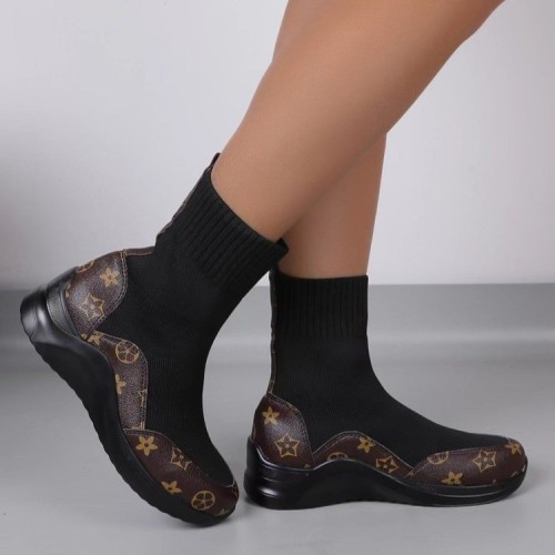 Women Platform Round Toe Knitting Slip-on Ankle Boots