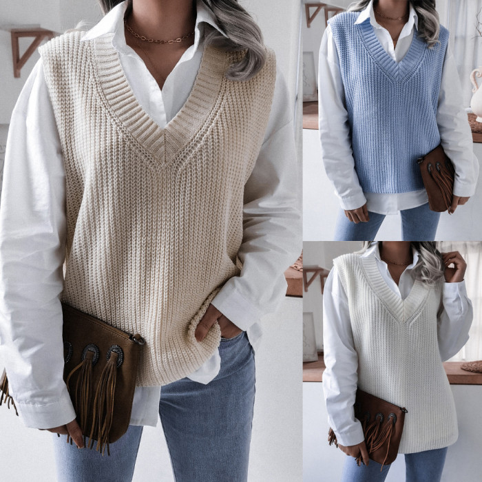 Fashion V Neck Sleeveless Twist Knitted Sweater Vests