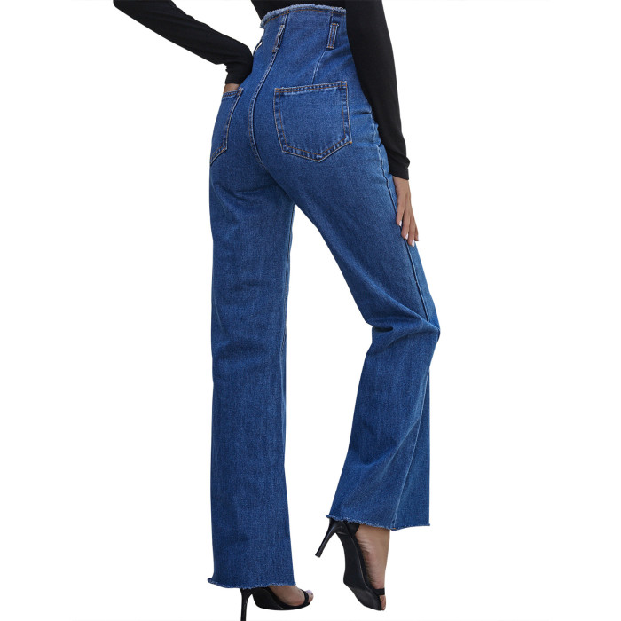 Women Retro High Waist Zip Pocket Denim Jeans