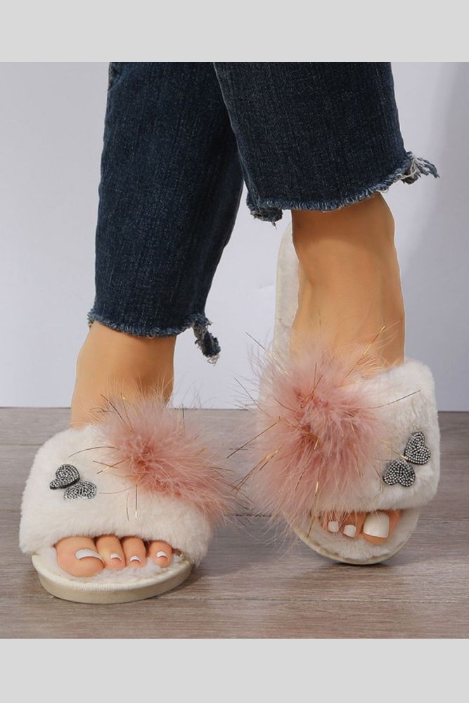 Women Plush Open Toe Indoor Flat Slippers
