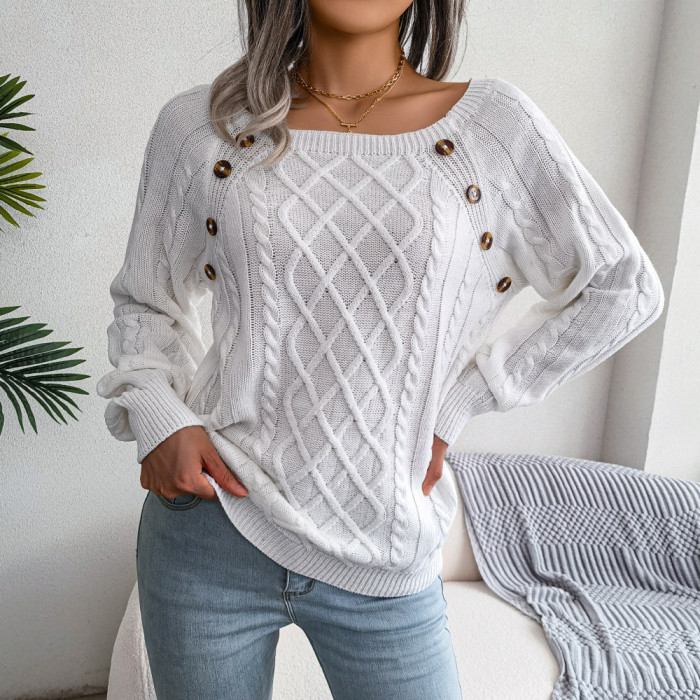 Fashion Solid Casual Square Neck Button Twist Knitted Sweater