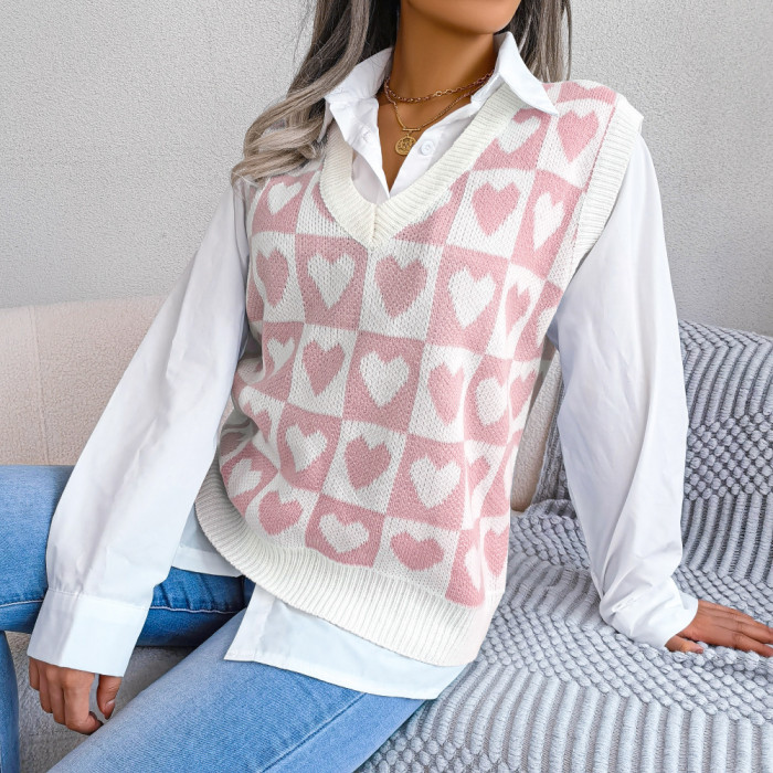 Elegant Knitted All-Match Heart Print V-neck Sweater Vest