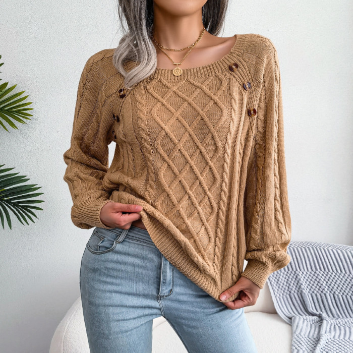 Fashion Solid Casual Square Neck Button Twist Knitted Sweater