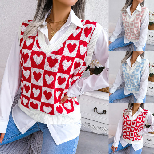 Elegant Knitted All-Match Heart Print V-neck Sweater Vest