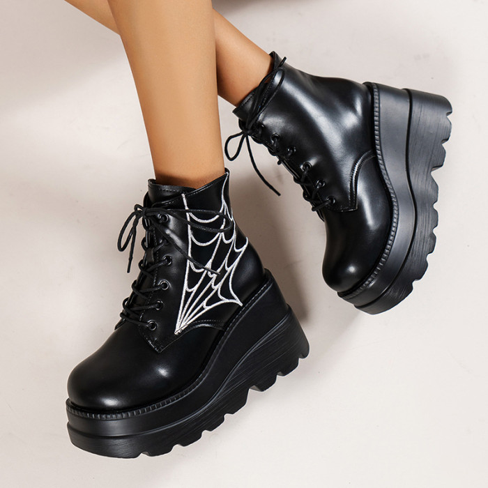 Women's Punk Lace Up Leather Waterproof Platform Ankle Boots