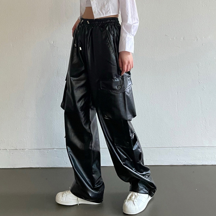 Fashion Black Elastic Waist PU Leather Straight Cargo Pants