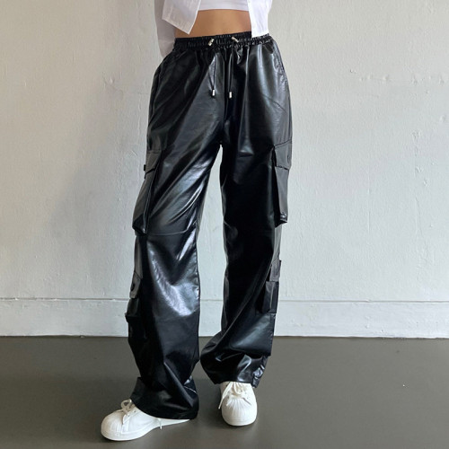 Fashion Black Elastic Waist PU Leather Straight Cargo Pants