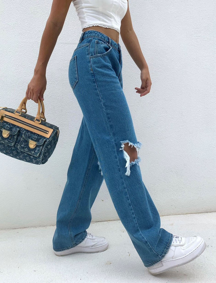 Streetwear High Waist Hole Loose-fitting Jeans