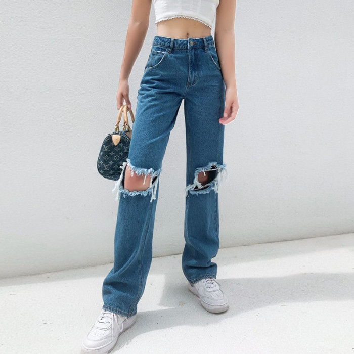 Streetwear High Waist Hole Loose-fitting Jeans