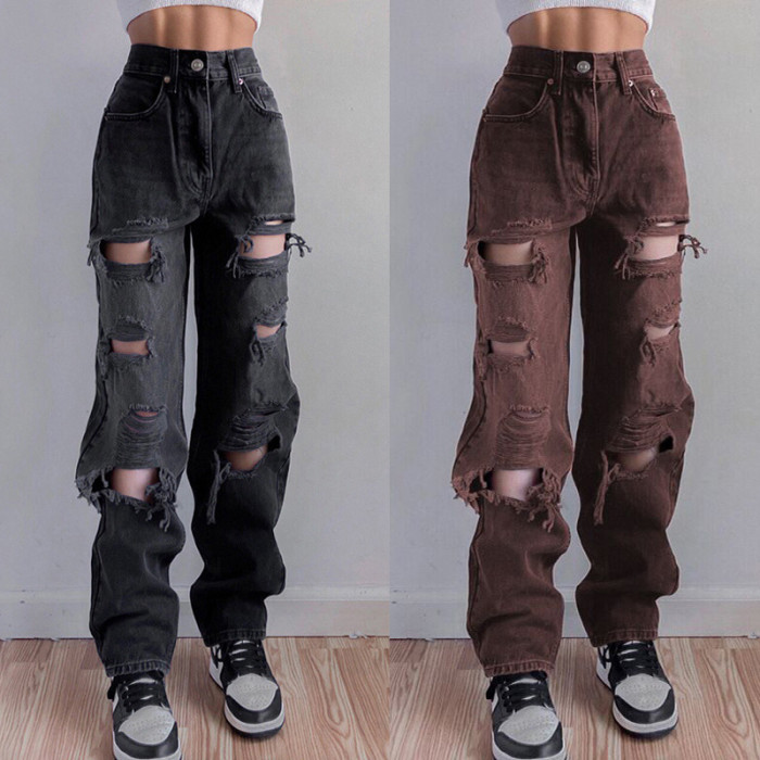 y2k Fashion Hole Ripped High Waist Straight Jeans