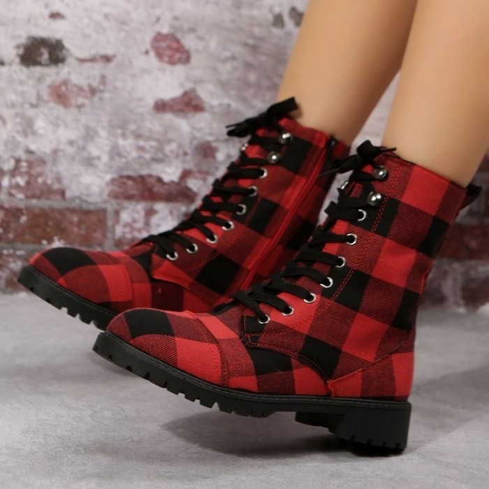 Women's Side Zip Red Plaid Round Toe Lace-Up Boots