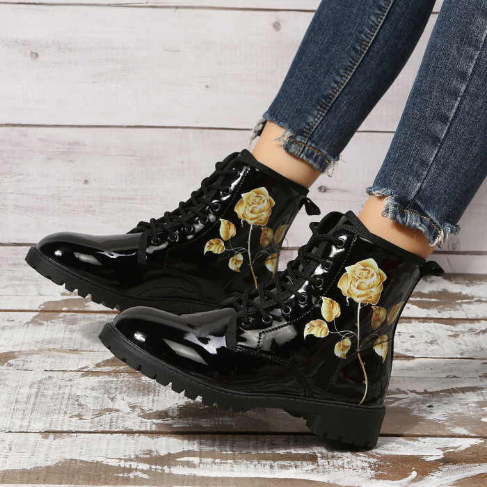 Fashion Lace-up Microfiber Leather Printed Boots