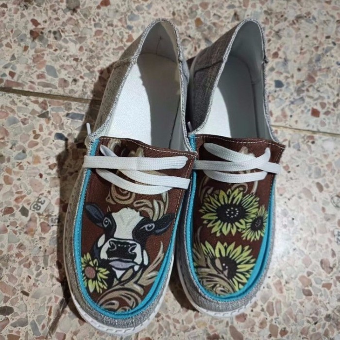 Casual Cartoon Cow Sunflower Pattern Flat Shoes