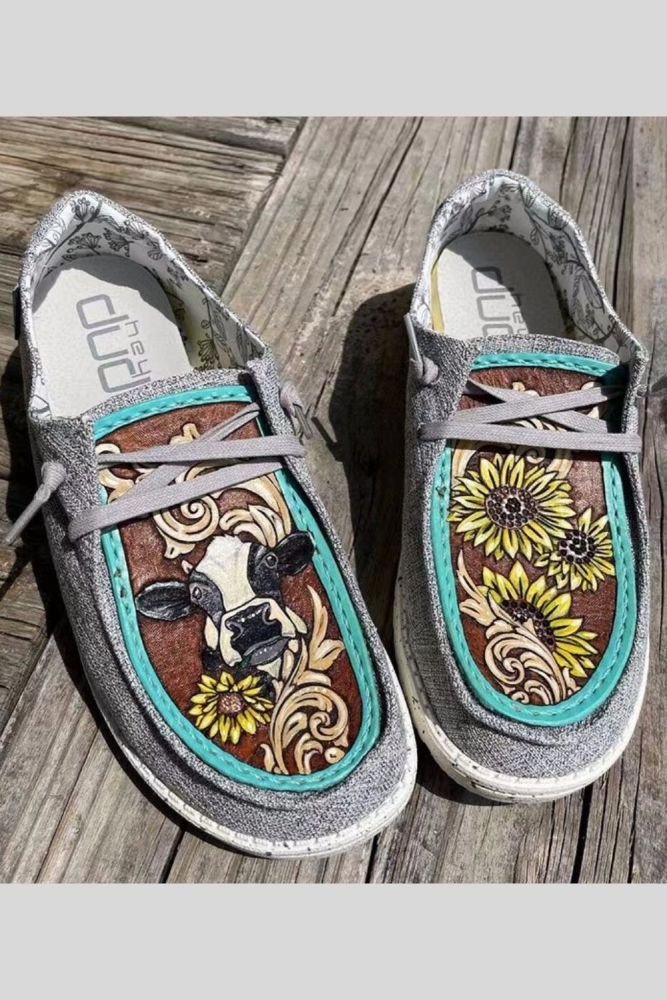 Casual Cartoon Cow Sunflower Pattern Flat Shoes